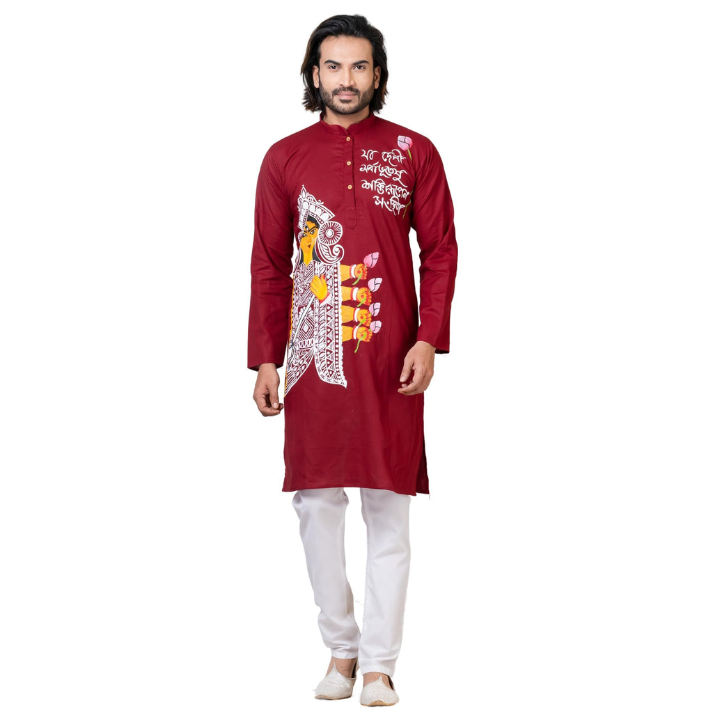 Royal Ethnic | Men's Maroon Cotton Kurta | Dussehra & Durga Puja Special | Full Sleeves | Traditional Fit | Festive Wear - Royal Ethnic