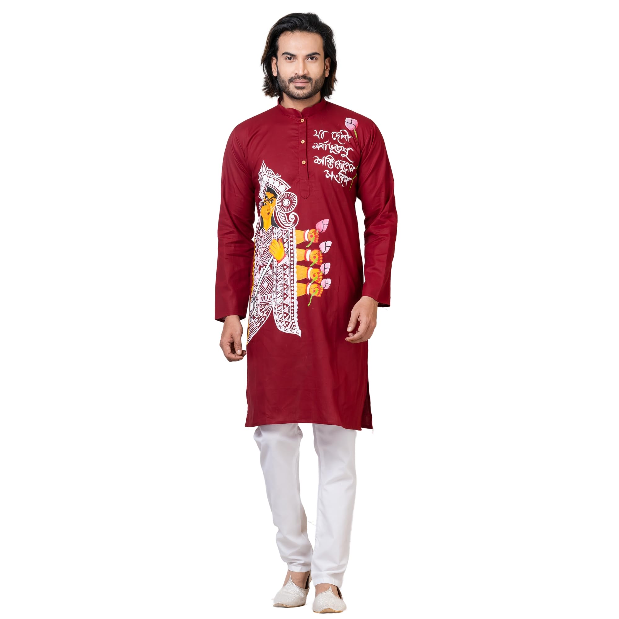 Royal Ethnic | Men's Maroon Cotton Kurta | Dussehra & Durga Puja Special | Full Sleeves | Traditional Fit | Festive Wear - Royal Ethnic