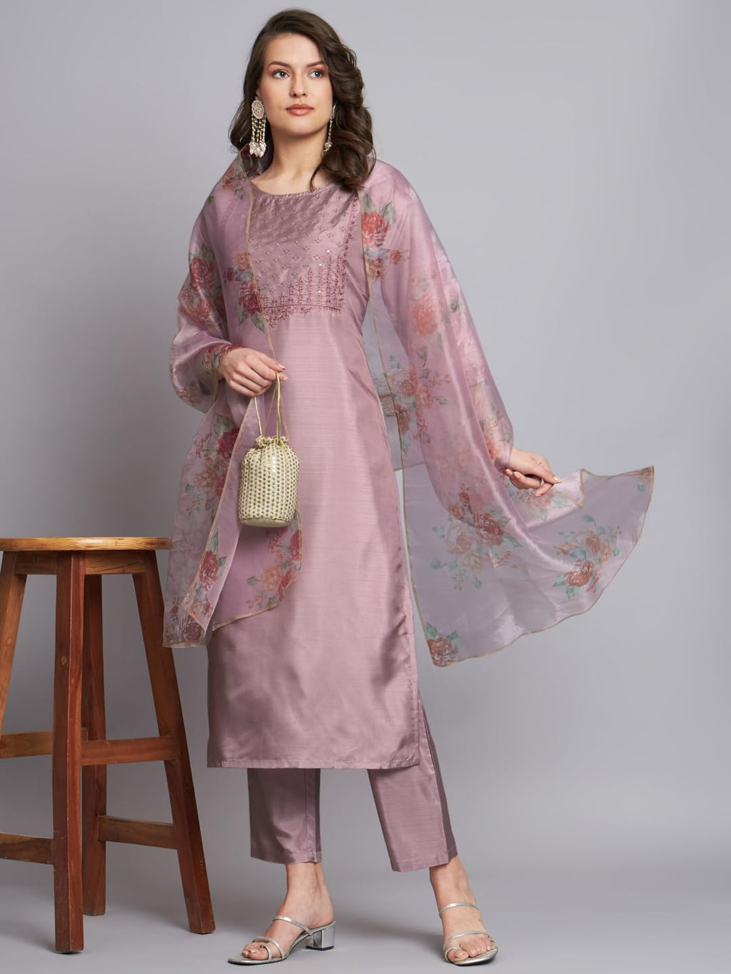 Royal Ethnic Women's Silk Blend Embroidered Straight Kurta Pant Set with Organza Dupatta | Exclusive Elegant Party Wear Suit