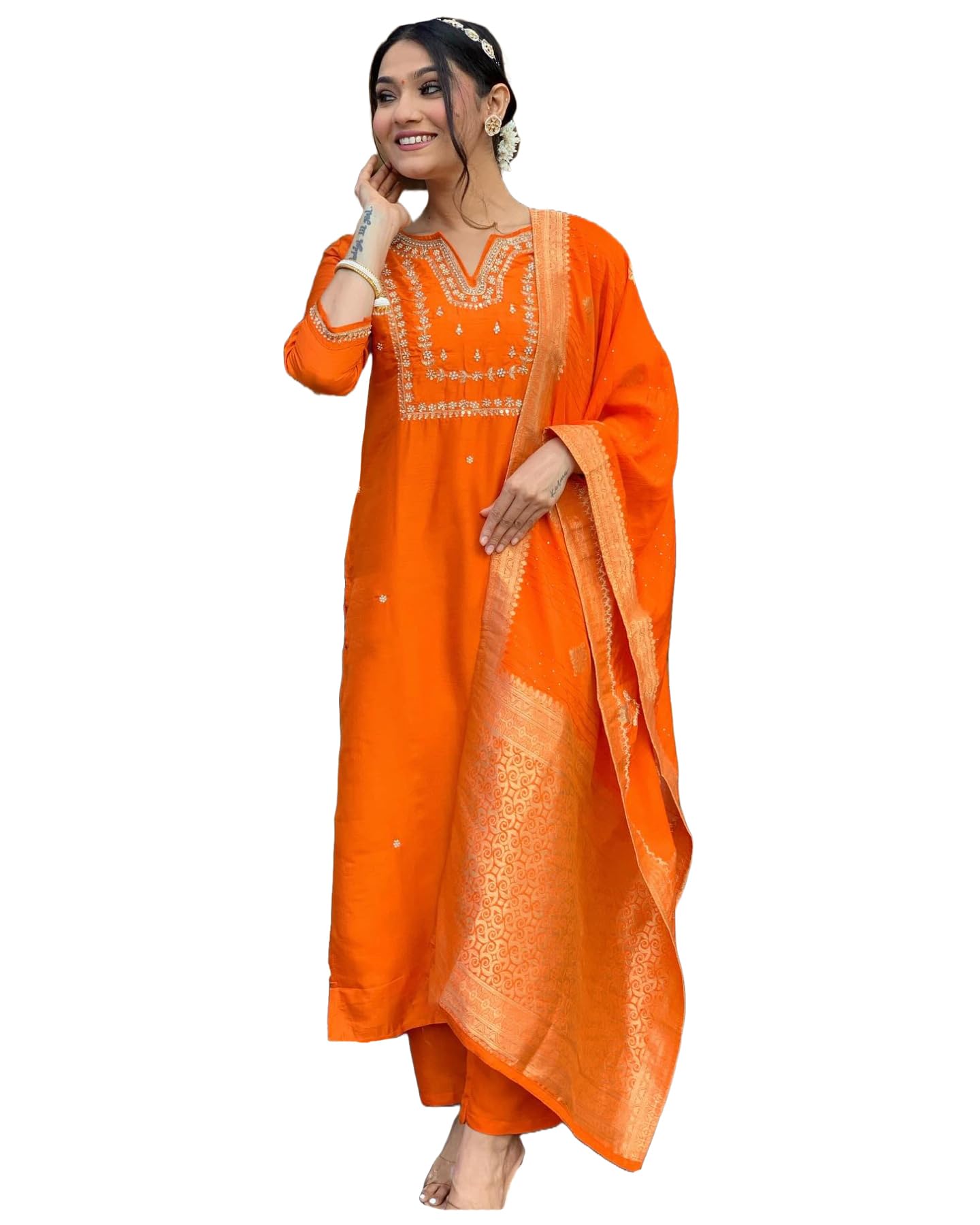 GoSriKi Women's Silk Blend Straight Embroidered Kurta with Pant & Dupatta