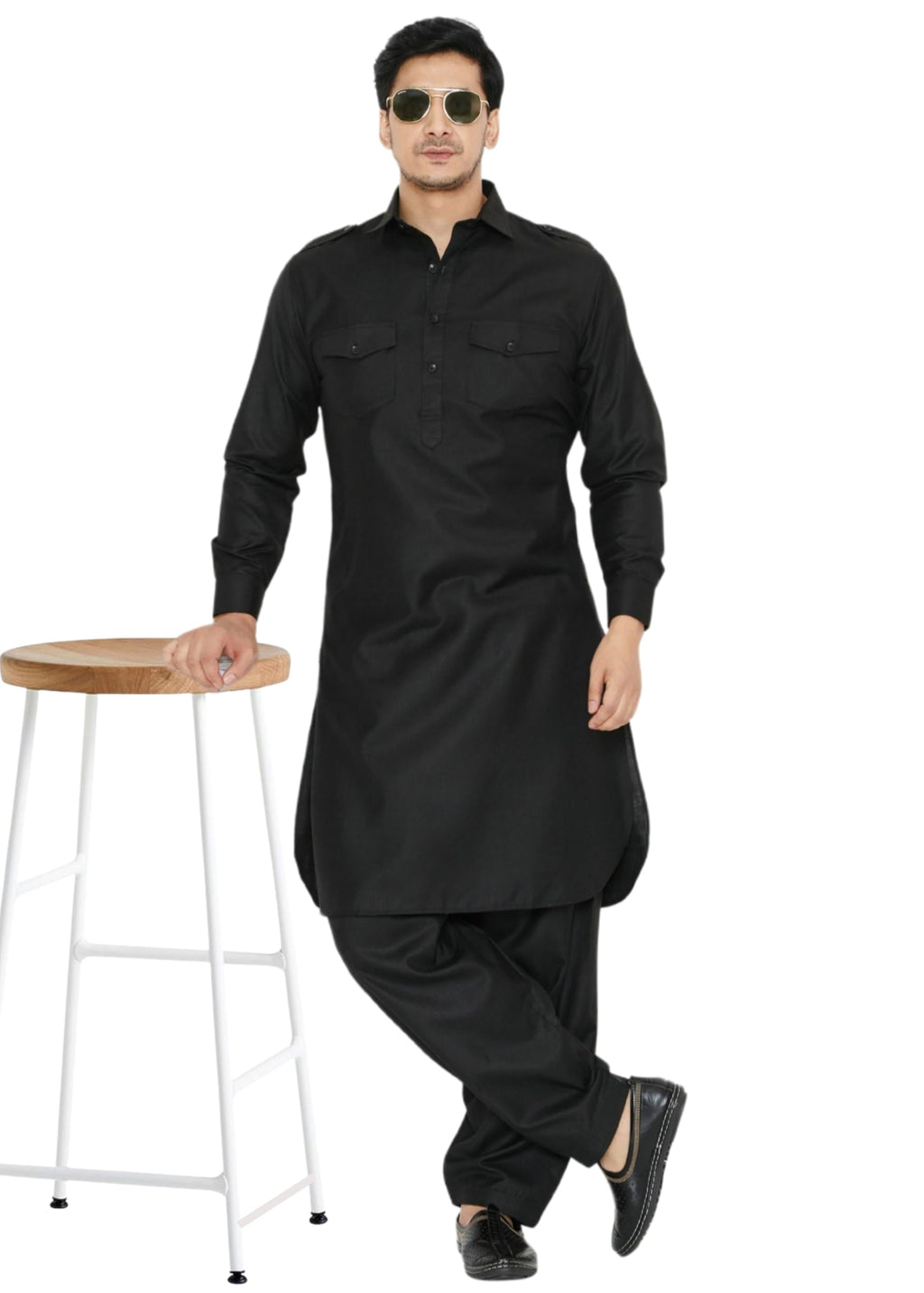 Royal Ethnic | Men's Cotton Blend Pathani Kurta Pyjama Set | Full Sleeves | Solid Pattern | Festive Wear | Elegant Fit - Royal Ethnic
