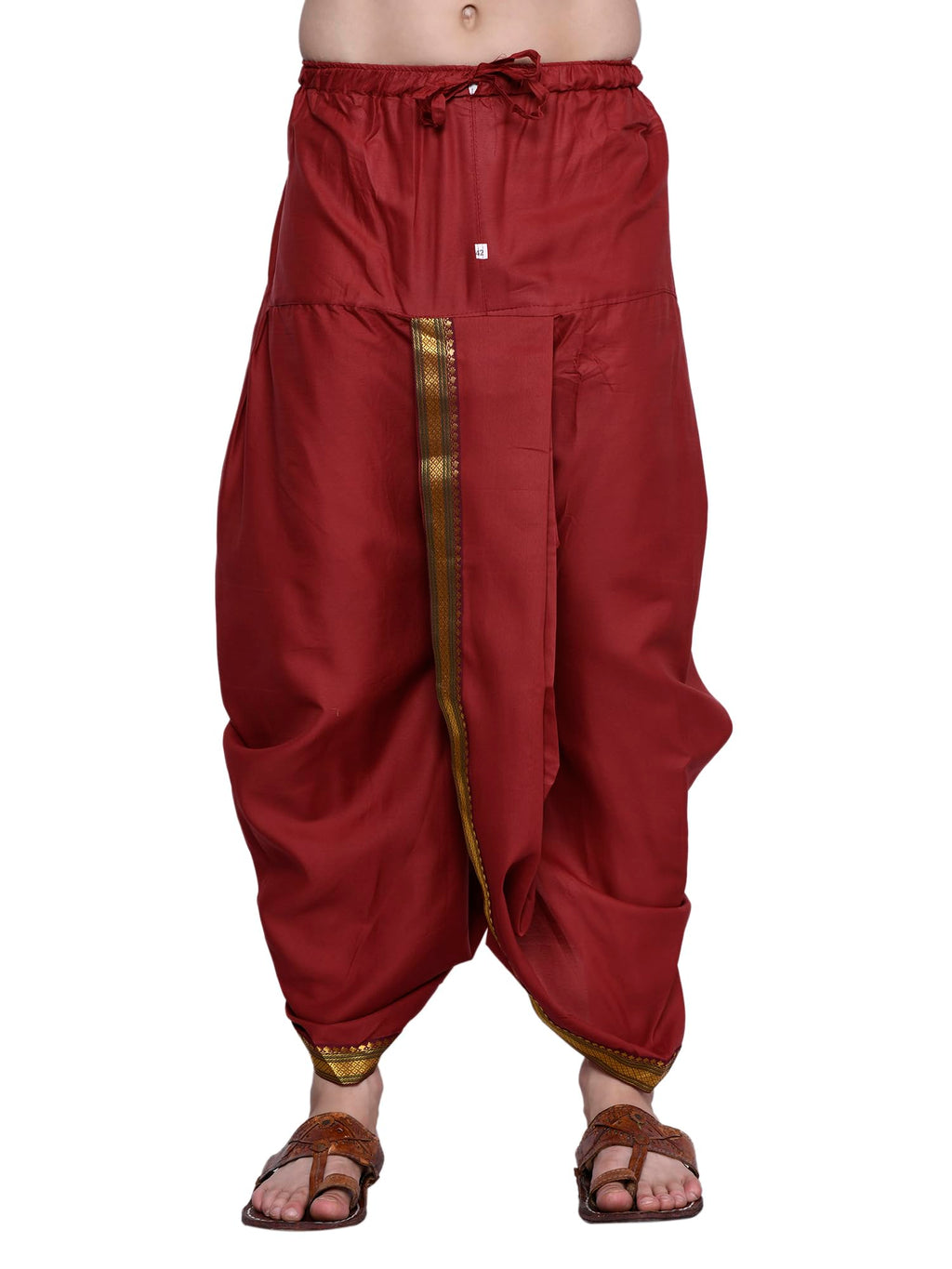 Royal Ethnic | Men's Cotton Silk Dhoti | Maroon Color | Readymade Elastic Fit | Free Size | Festive & Traditional Wear - Royal Ethnic