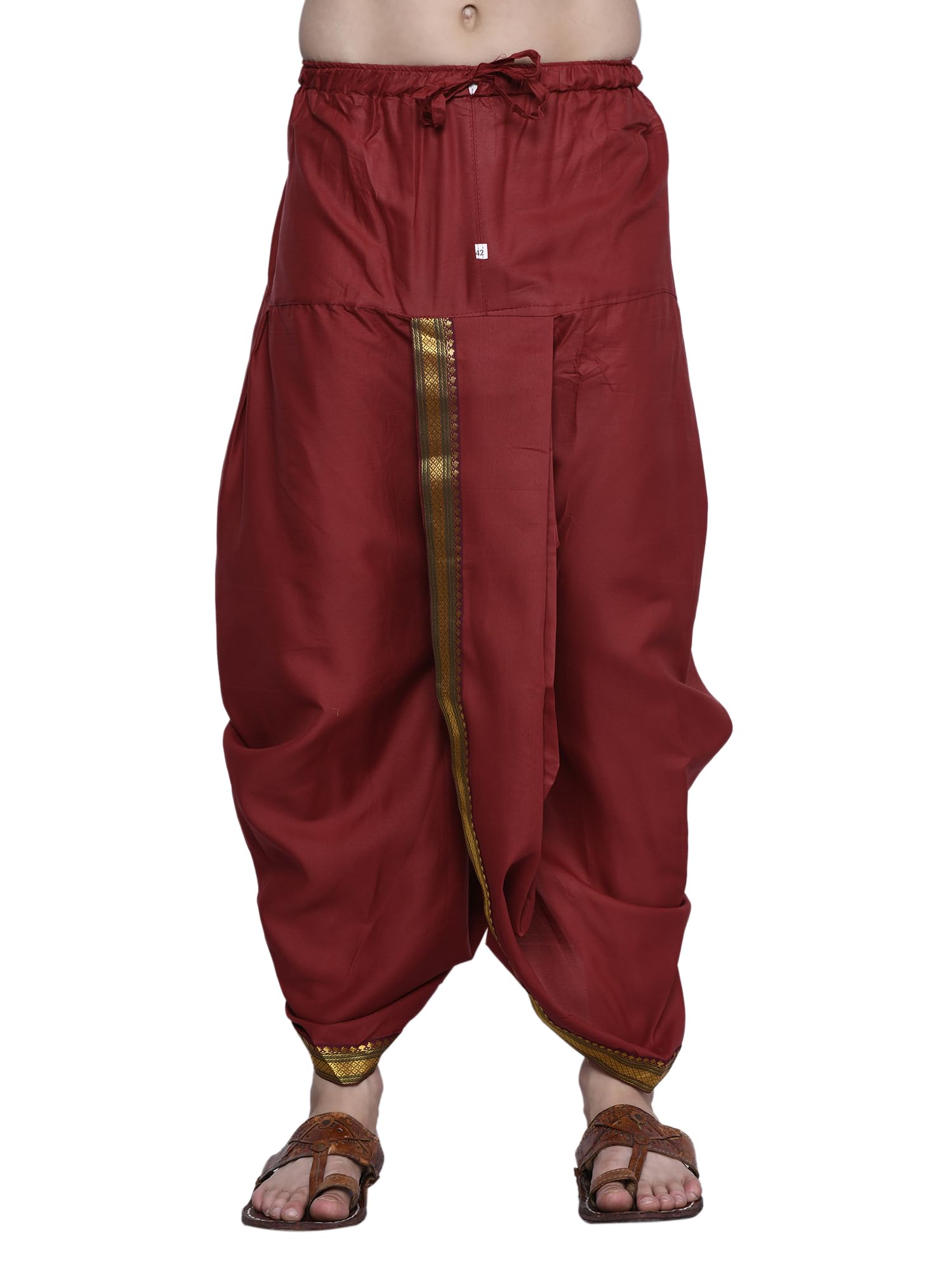 Royal Ethnic | Men's Cotton Silk Dhoti | Maroon Color | Readymade Elastic Fit | Free Size | Festive & Traditional Wear - Royal Ethnic
