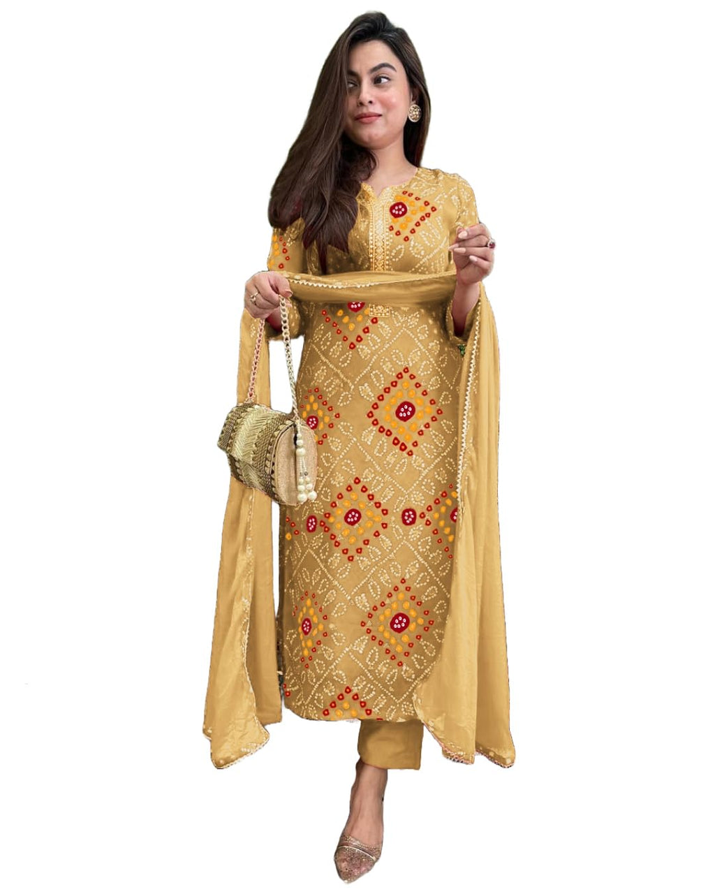 GoSriKi Women's Rayon Viscose Straight Bandhej Printed Kurta with Pant & Dupatta