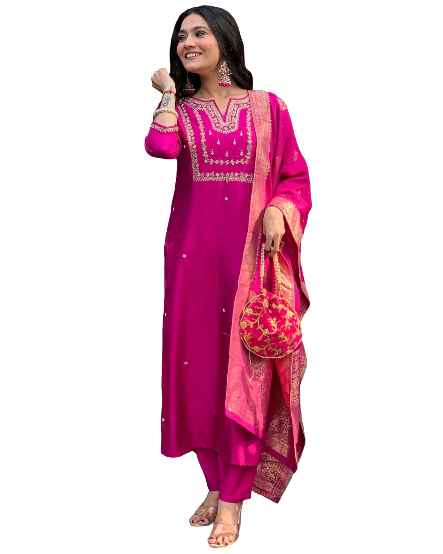 GoSriKi Women's Silk Blend Straight Embroidered Kurta with Pant & Dupatta