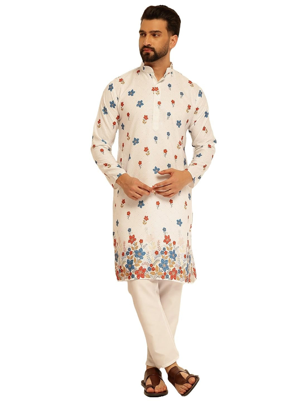 SOJANYA (Since 1958 Raksha Bandhan Special Men's Cotton Kurta Pyjama with Daman Print & Krochet Embroidery