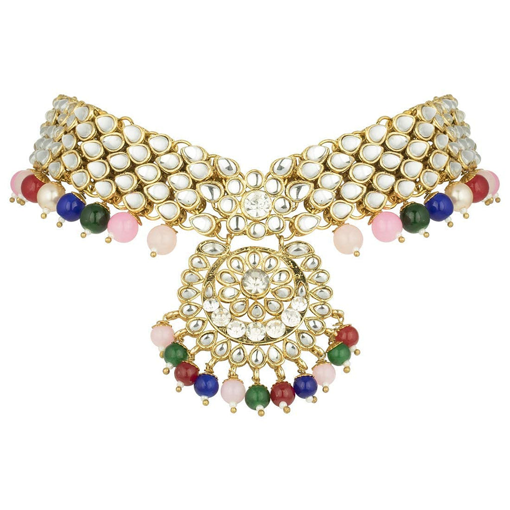 Royal Ethnic Traditional 18K Gold Plated Kundan & Pearl Studded Bridal Choker Necklace Set with Earrings & Maang Tikka - Royal Ethnic