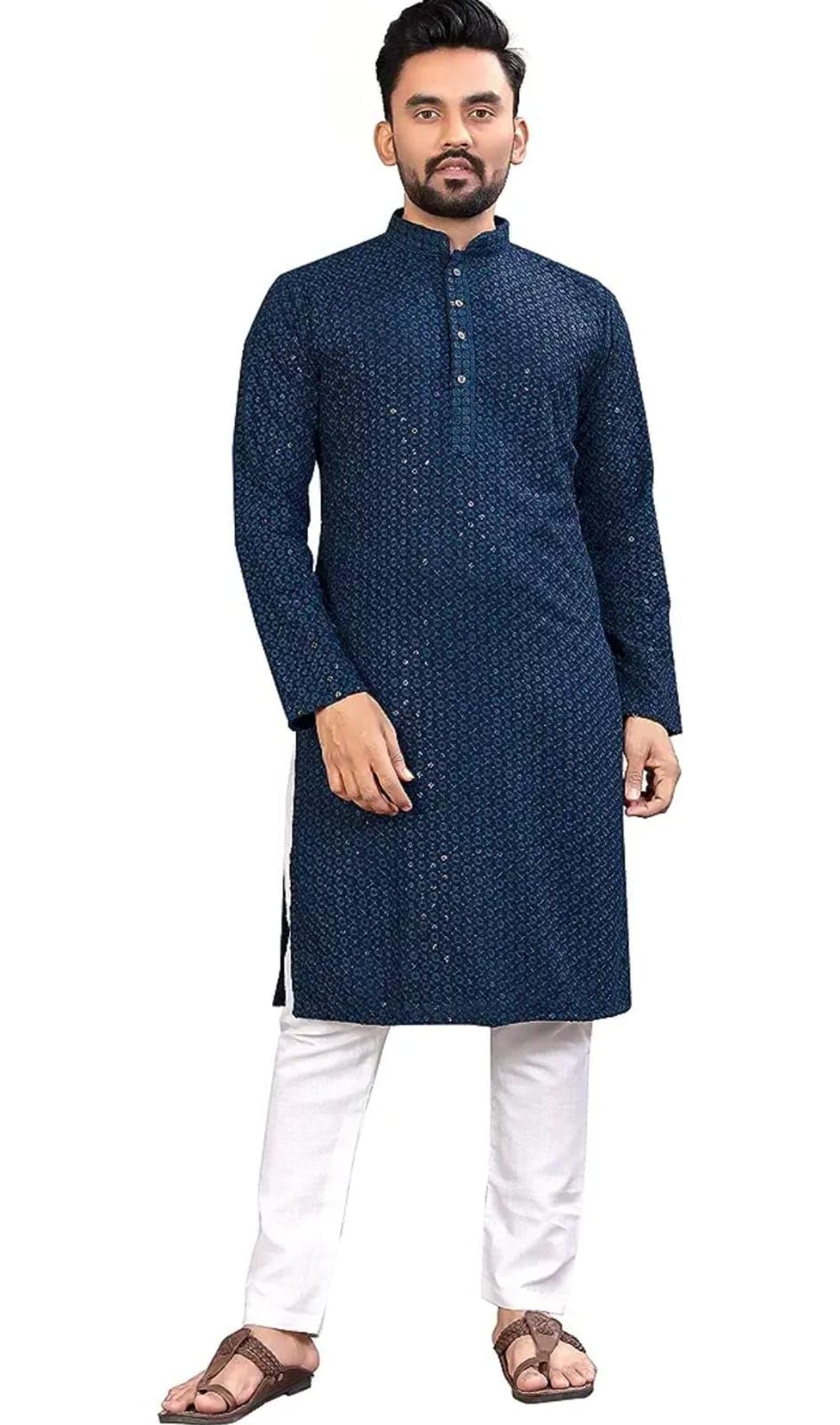Royal Ethnic | Men's Straight Lucknowi Kurta | Indian Ethnic Wear | Embroidered Cotton | Full Sleeves | Regular Fit - Royal Ethnic