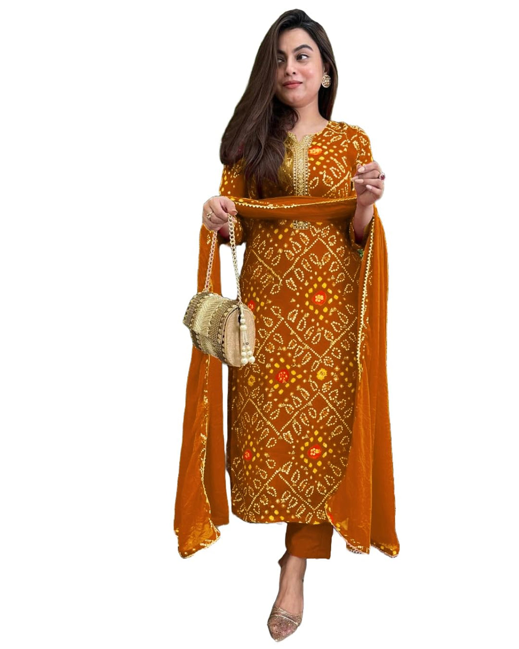 GoSriKi Women's Rayon Viscose Straight Bandhej Printed Kurta with Pant & Dupatta