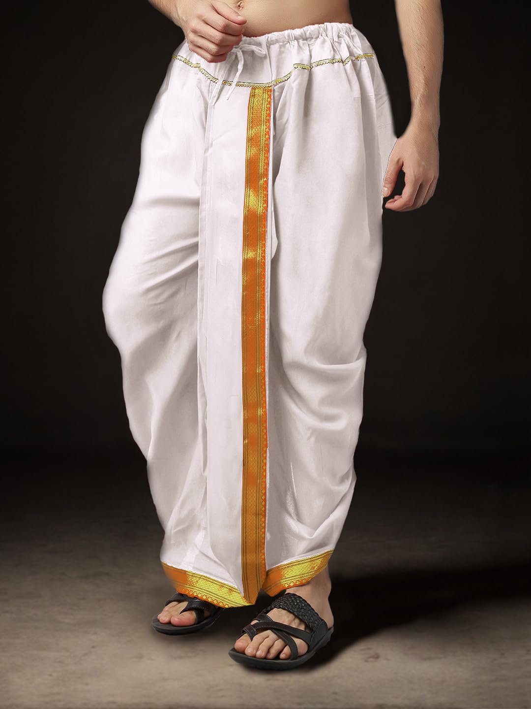 Royal Ethnic | Men's Readymade Art Silk Dhoti | White with Gold Border | Pre-Stitched | Wedding & Puja Wear | Comfortable - Royal Ethnic