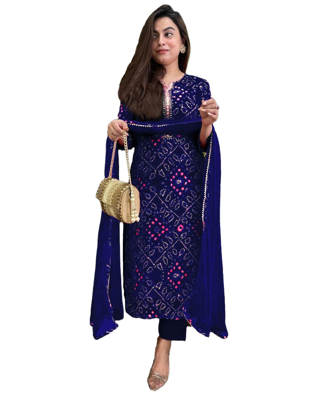 Royal Ethnic Women's Rayon Viscose Straight Bandhej Printed Kurta with Pant and Dupatta Elegant Stylish Ethnic Wear Festive