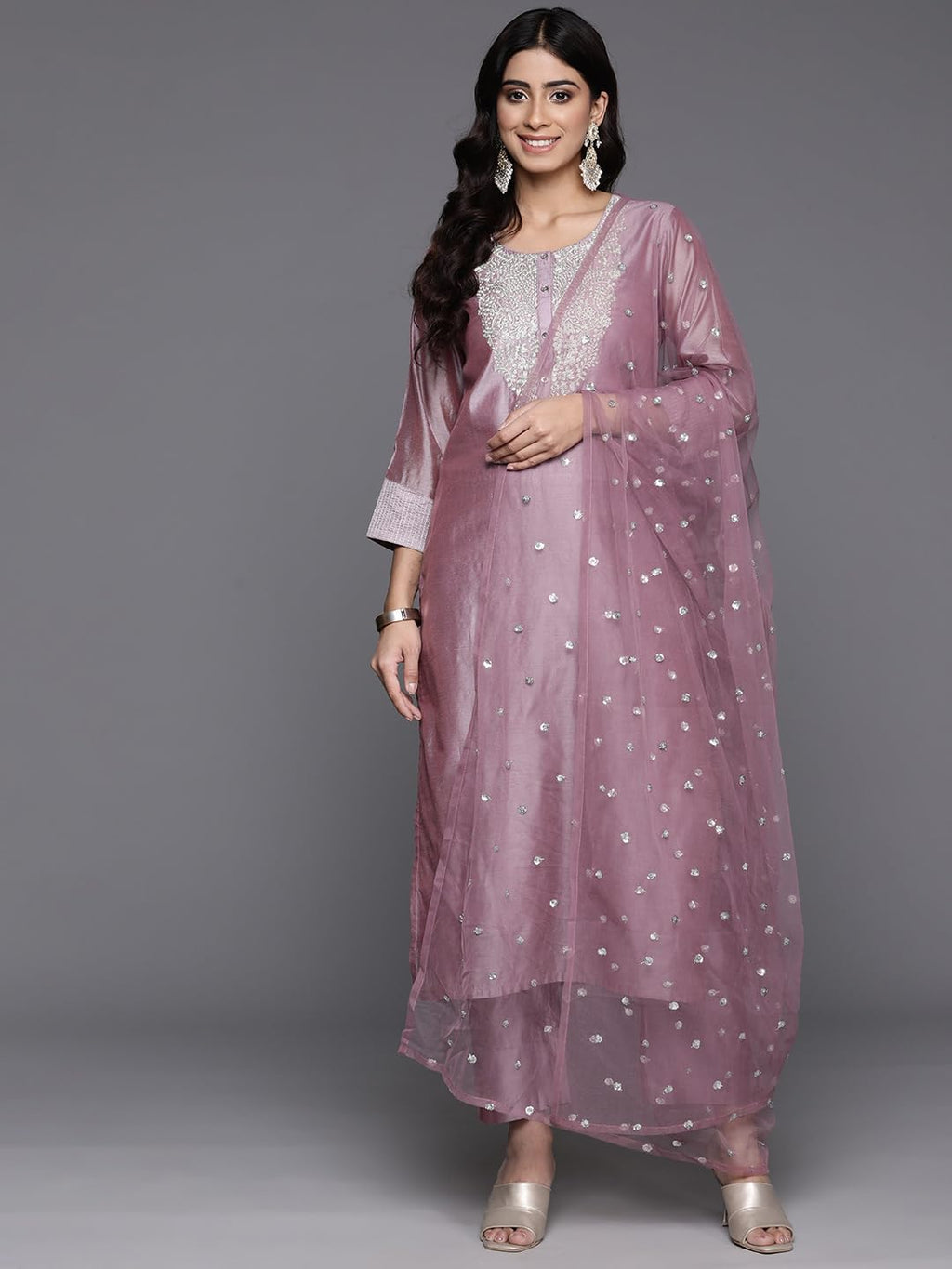 Royal Ethnic Women Mauve Silk Thread Embroidered Kurta Set with Dupatta Elegant Sophisticated Designer Ethnic Wear