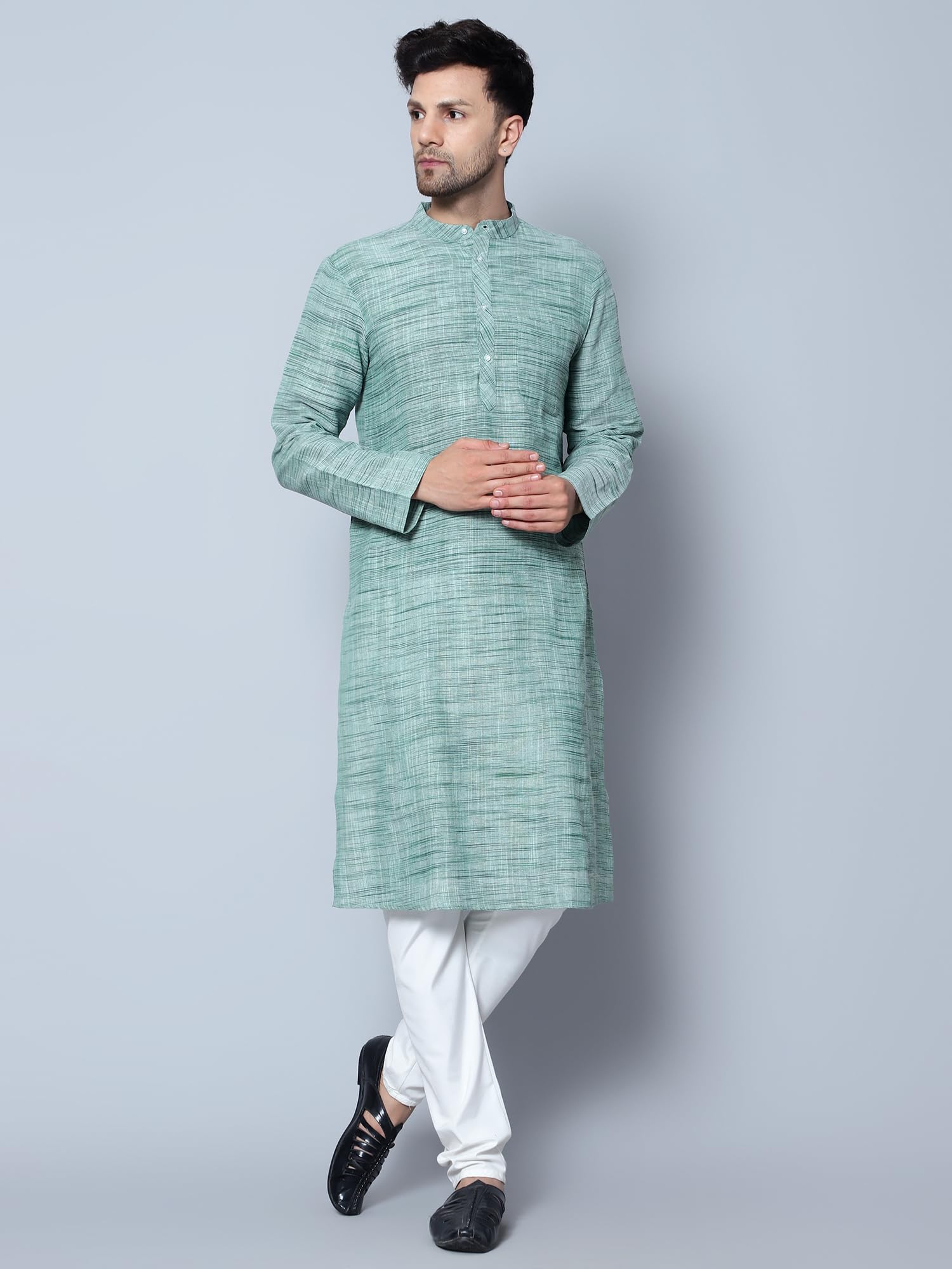 Royal Ethnic | Men's Cotton Textured Long Kurta | Full Sleeves | Regular Fit | Casual Ethnic Wear | Contemporary Charm - Royal Ethnic