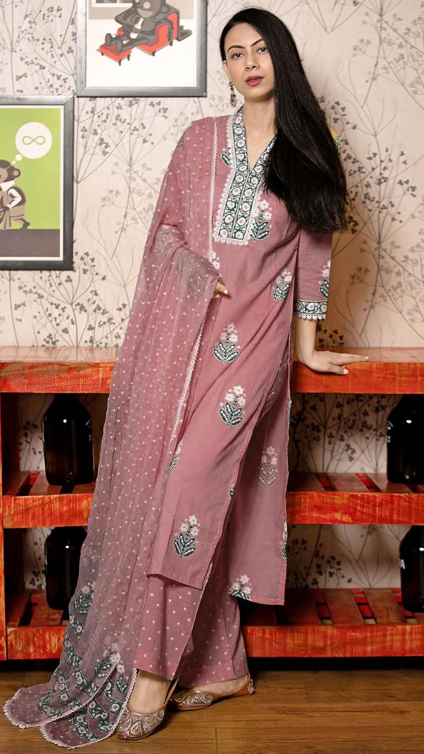 GoSriKi Women's Cotton Blend Straight Hand Block Printed Kurta with Pant & Dupatta