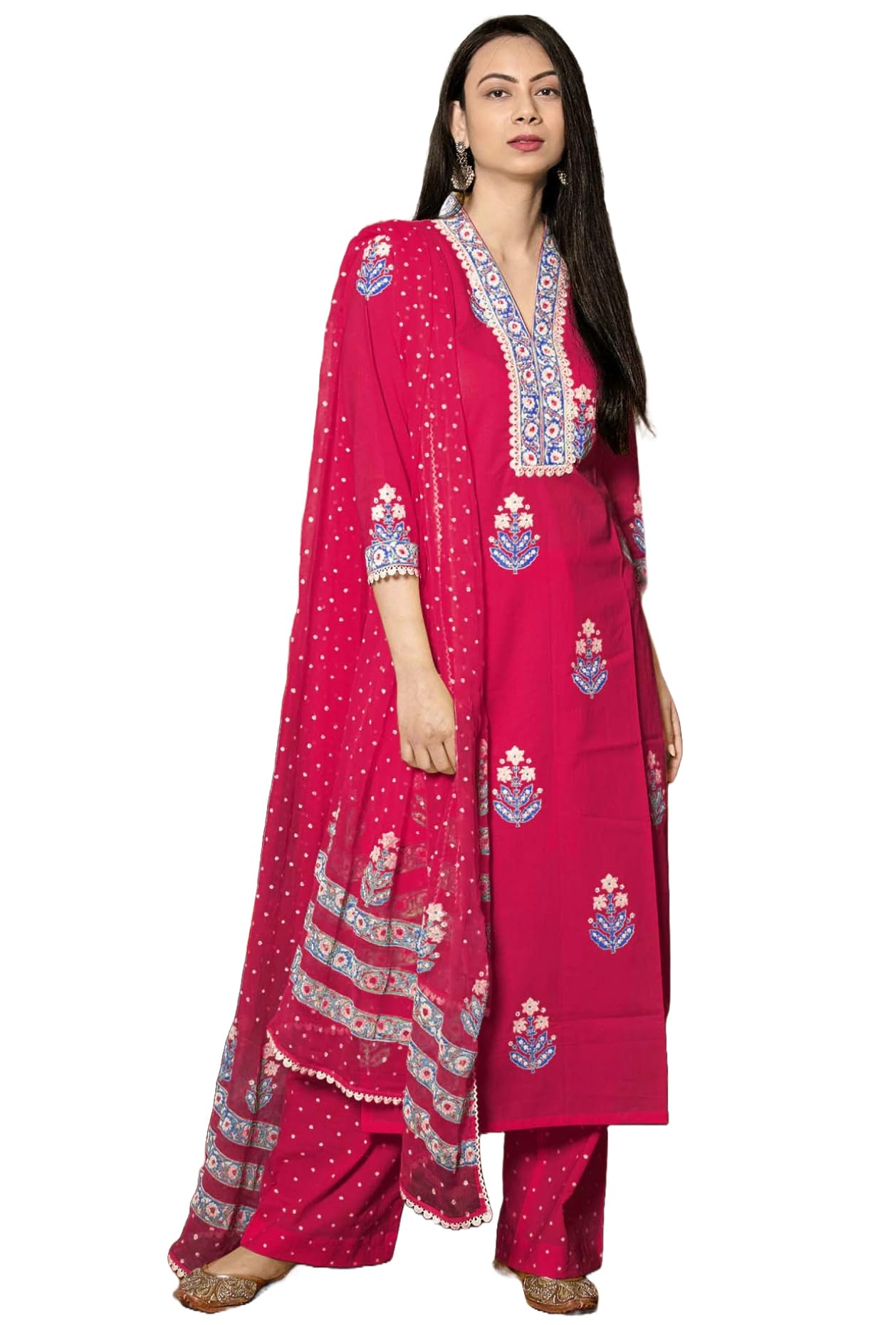 GoSriKi Women's Cotton Blend Straight Hand Block Printed Kurta with Pant & Dupatta