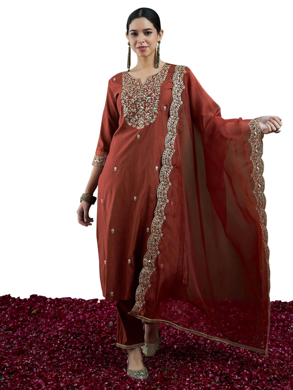 Royal Ethnic | Women's Viscose Embroidered Kurta Pant Dupatta Set | Straight Fit | 3/4 Sleeves | Festive & Elegant Wear