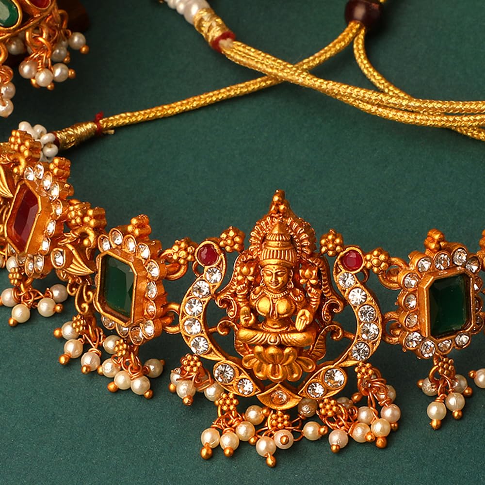 Royal Ethnic | Women's Pearl Choker Temple Necklace Set | 22k Gold Plated | Traditional Festive Wear | Wedding Style - Royal Ethnic
