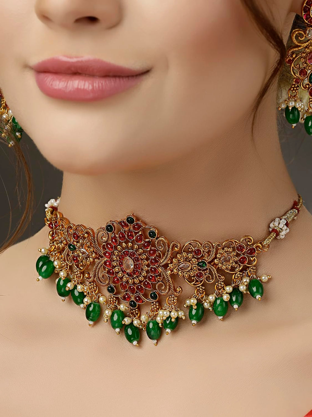 Royal Ethnic | Women's Pearl Choker Temple Necklace Set | 22k Gold Plated | Traditional Festive Wear | Wedding Style - Royal Ethnic