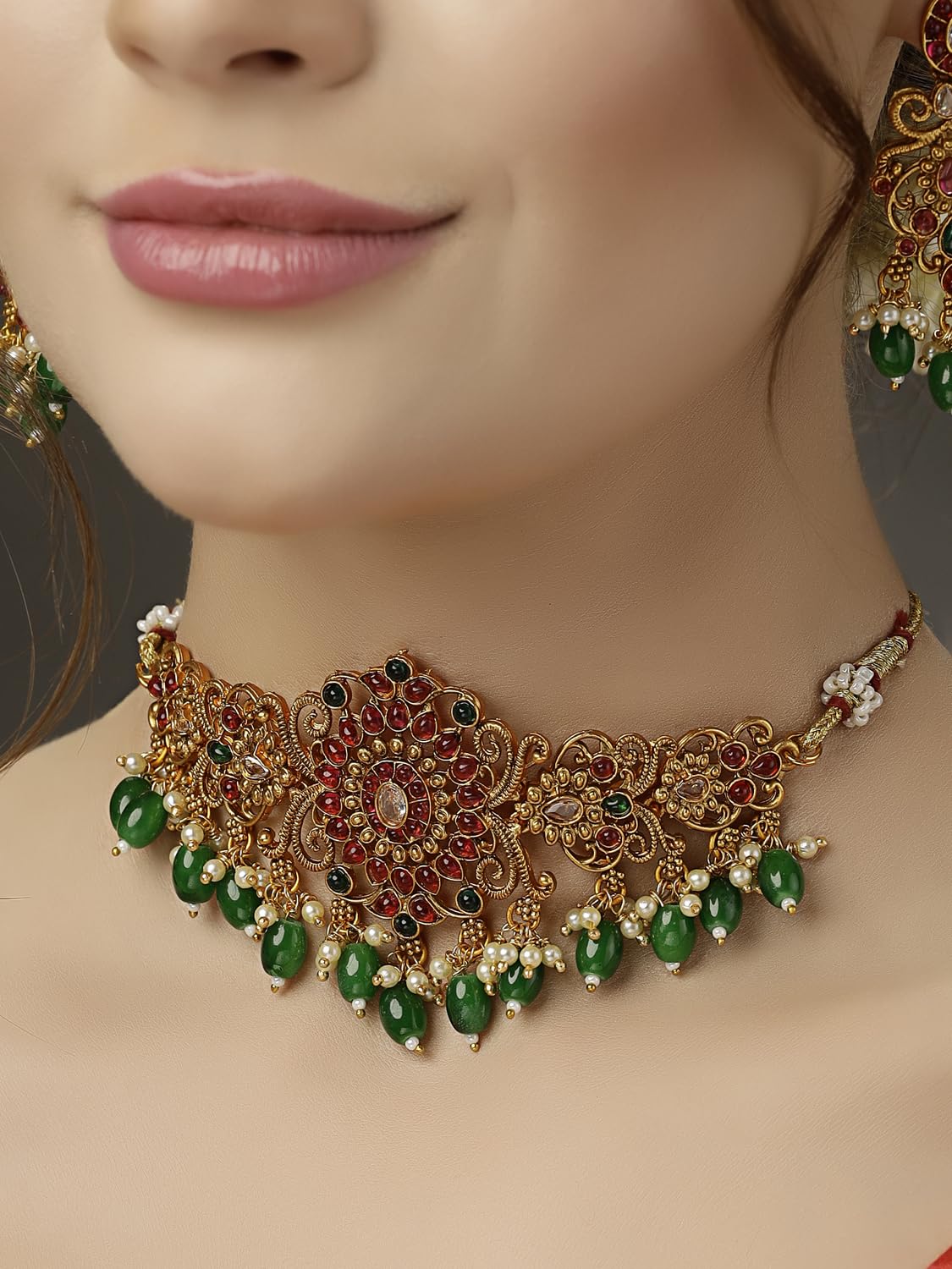 Royal Ethnic | Women's Pearl Choker Temple Necklace Set | 22k Gold Plated | Traditional Festive Wear | Wedding Style - Royal Ethnic