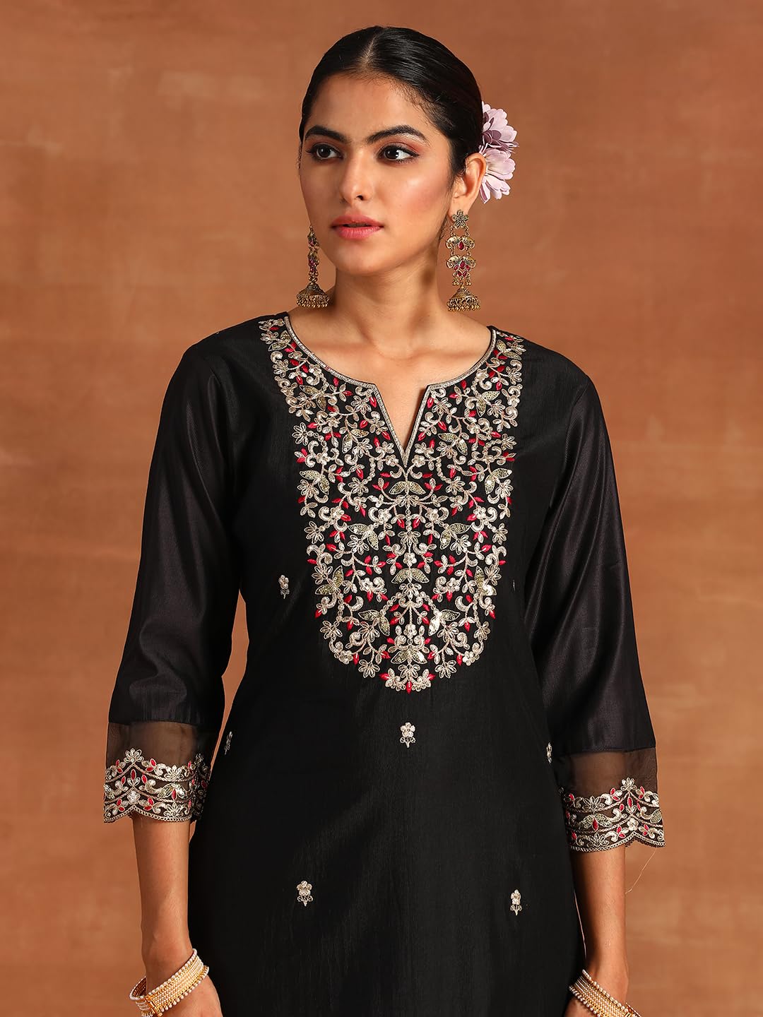 Royal Ethnic | Women's Viscose Embroidered Kurta Pant Dupatta Set | Straight Fit | 3/4 Sleeves | Festive & Elegant Wear - Royal Ethnic