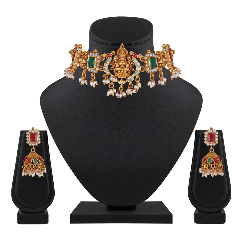 Royal Ethnic | Women's Pearl Choker Temple Necklace Set | 22k Gold Plated | Traditional Festive Wear | Wedding Style - Royal Ethnic