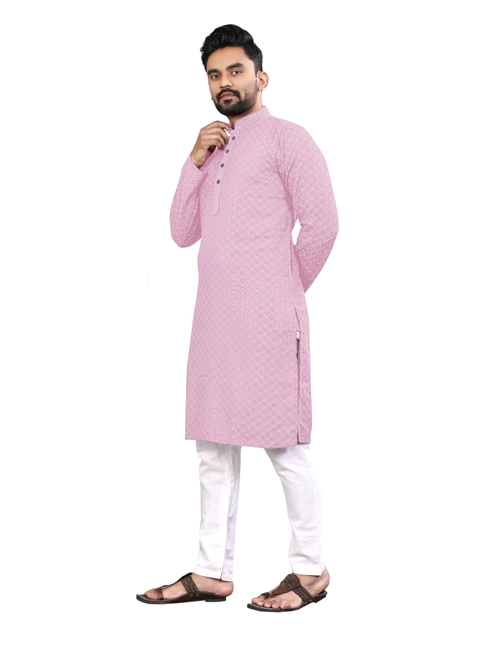Royal Ethnic | Men's Straight Lucknowi Kurta | Indian Ethnic Wear | Embroidered Cotton | Full Sleeves | Regular Fit - Royal Ethnic