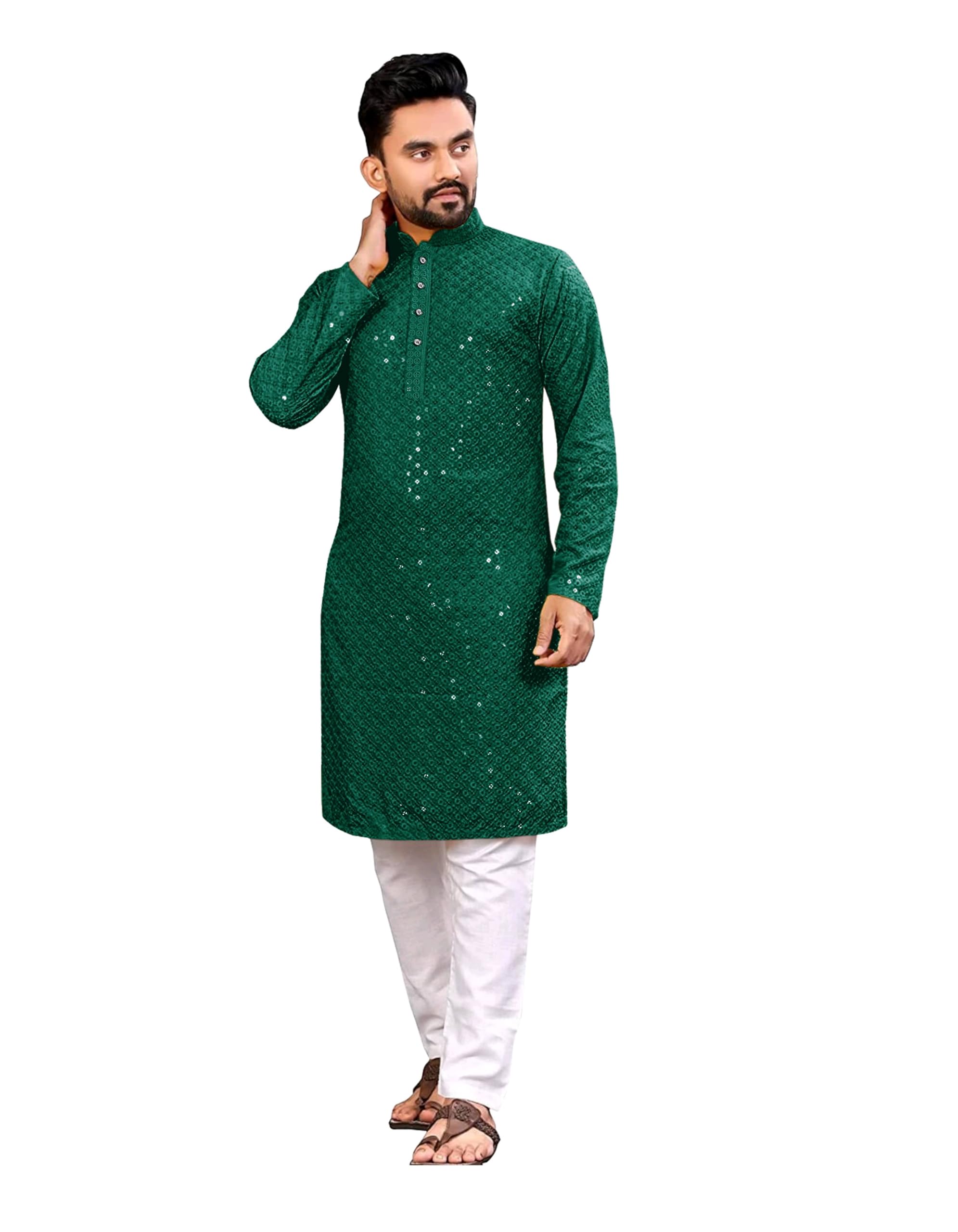 Royal Ethnic | Men's Straight Lucknowi Kurta | Indian Ethnic Wear | Embroidered Cotton | Full Sleeves | Regular Fit - Royal Ethnic
