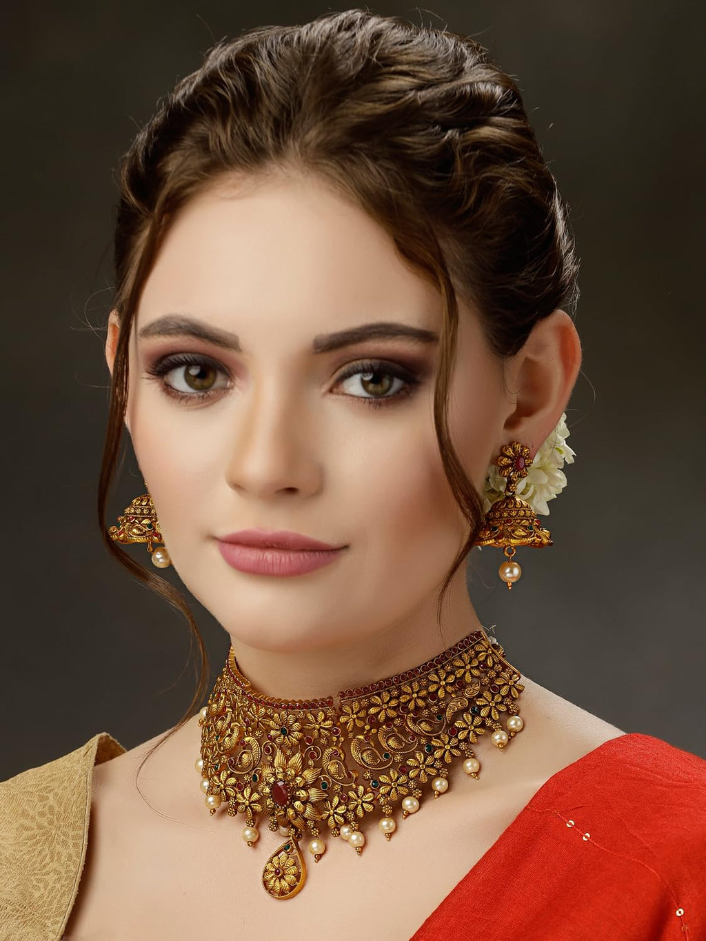 Royal Ethnic | Women's Pearl Choker Temple Necklace Set | 22k Gold Plated | Traditional Festive Wear | Wedding Style - Royal Ethnic