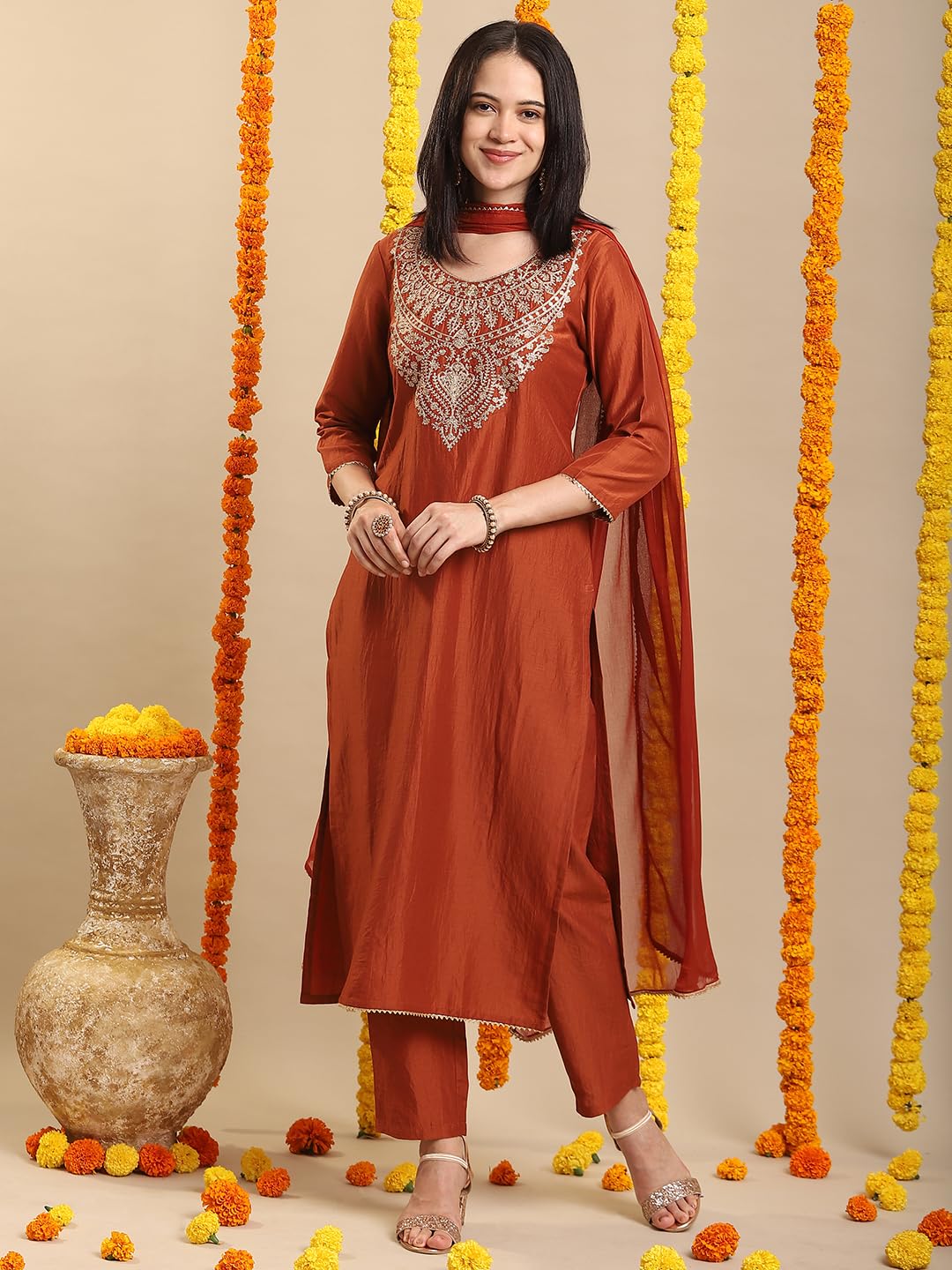 Royal Ethnic Womens Rayon Viscose Embroidered Straight Kurta with Pant Dupatta Elegant Designer Ethnic Festive Outfit Look