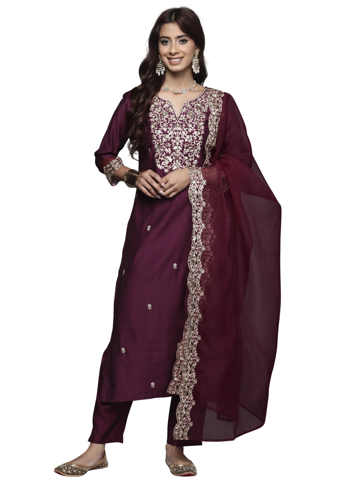 Royal Ethnic | Women's Viscose Embroidered Kurta Pant Dupatta Set | Straight Fit | 3/4 Sleeves | Festive & Elegant Wear
