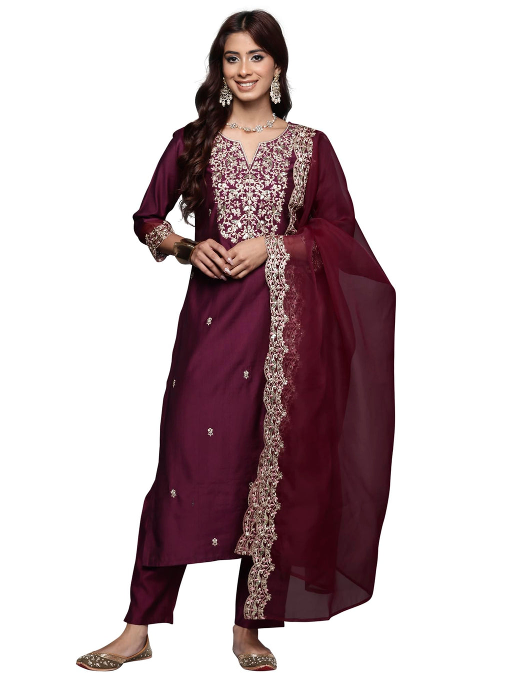 Royal Ethnic | Women's Viscose Embroidered Kurta Pant Dupatta Set | Straight Fit | 3/4 Sleeves | Festive & Elegant Wear