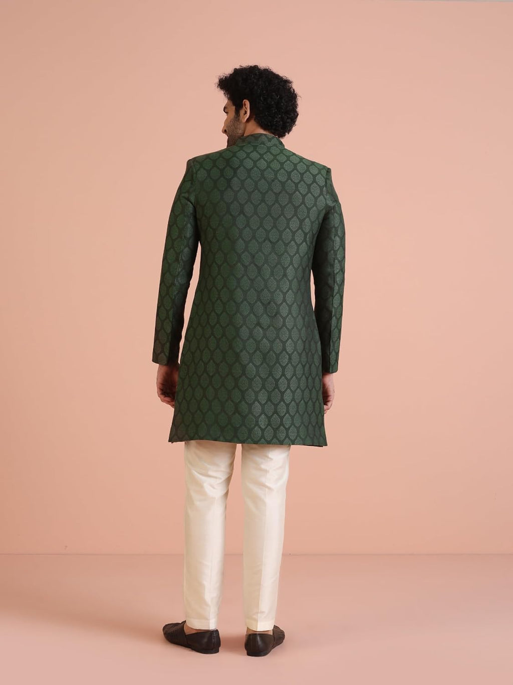 Royal Ethnics | Men's Indo-Western Sherwani Trouser Set | Olive Silk Blend | Woven Design | Regular Fit | Long Sleeve - Royal Ethnic