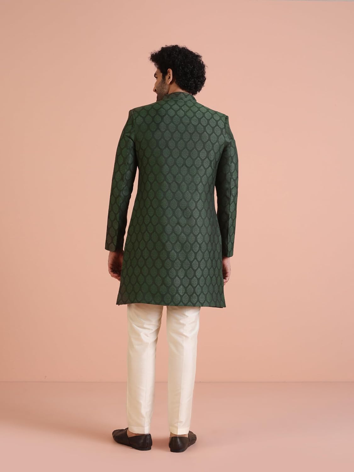 Royal Ethnics | Men's Indo-Western Sherwani Trouser Set | Olive Silk Blend | Woven Design | Regular Fit | Long Sleeve - Royal Ethnic