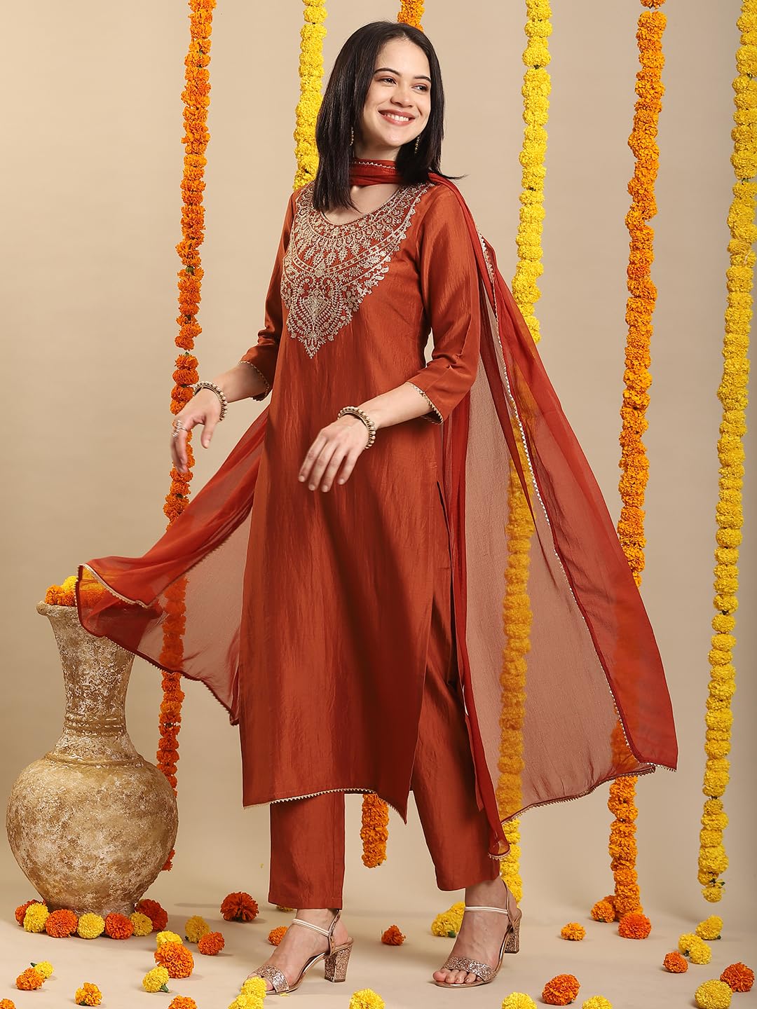 Royal Ethnic Womens Rayon Viscose Embroidered Straight Kurta with Pant Dupatta Elegant Designer Ethnic Festive Outfit Look