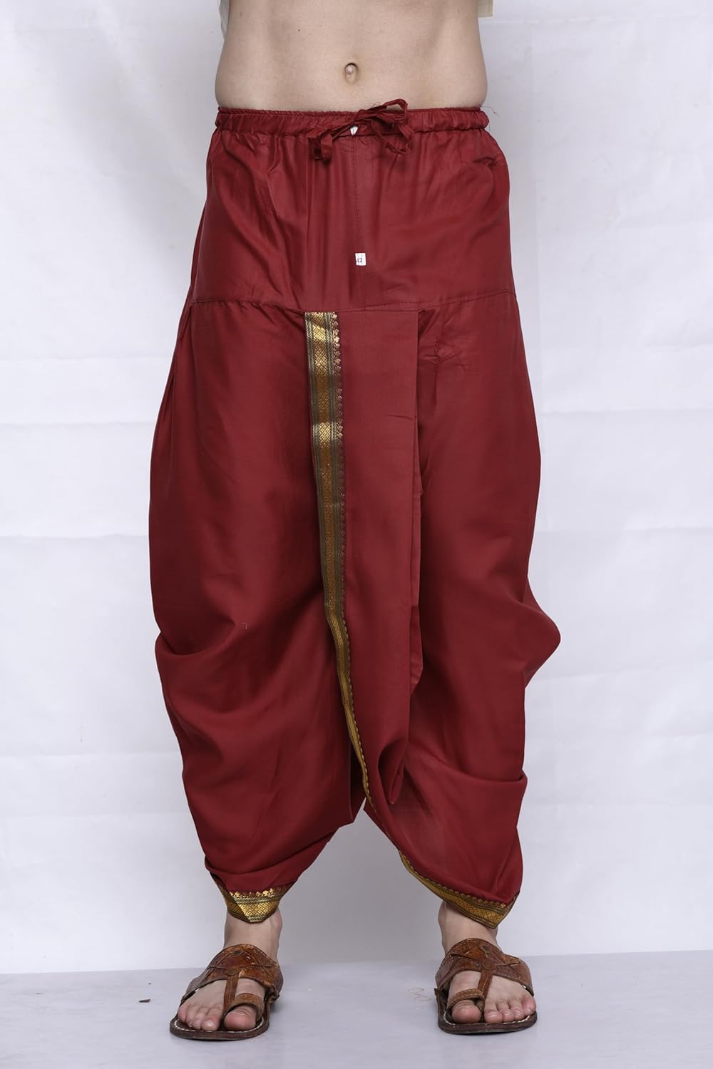 Royal Ethnic | Men's Cotton Silk Dhoti | Maroon Color | Readymade Elastic Fit | Free Size | Festive & Traditional Wear - Royal Ethnic
