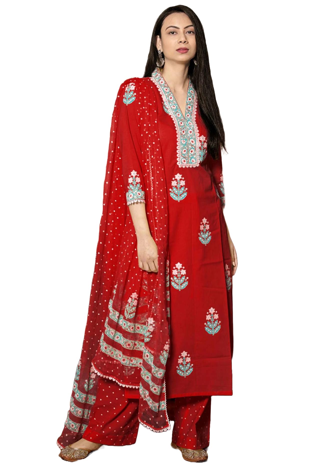 GoSriKi Women's Cotton Blend Straight Hand Block Printed Kurta with Pant & Dupatta