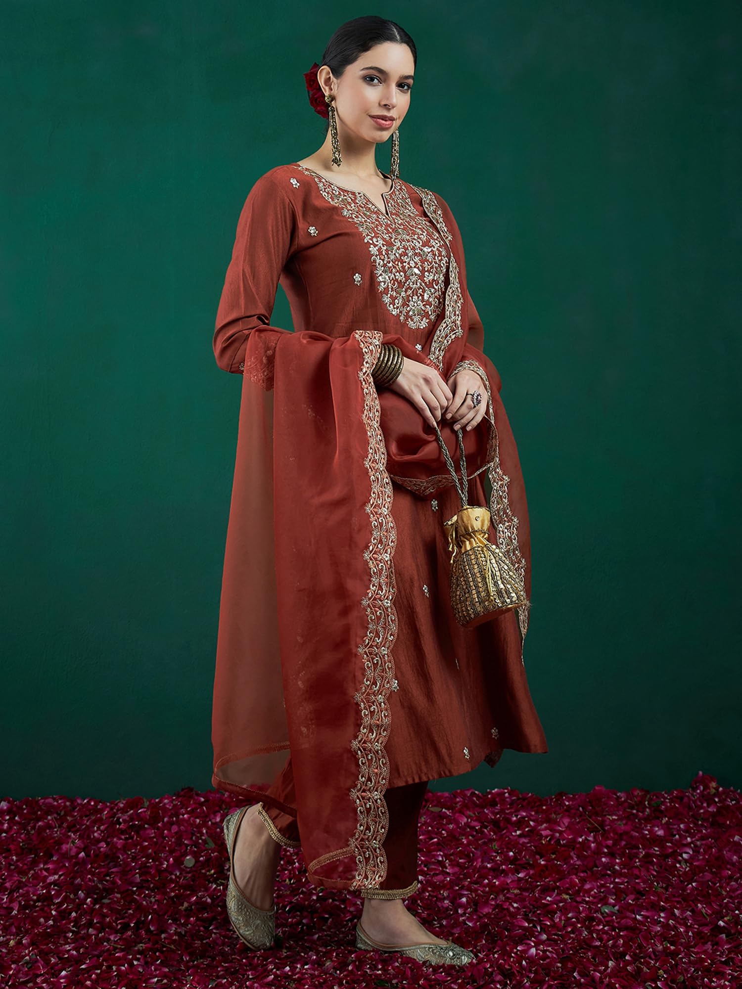 Royal Ethnic | Women's Viscose Embroidered Kurta Pant Dupatta Set | Straight Fit | 3/4 Sleeves | Festive & Elegant Wear - Royal Ethnic