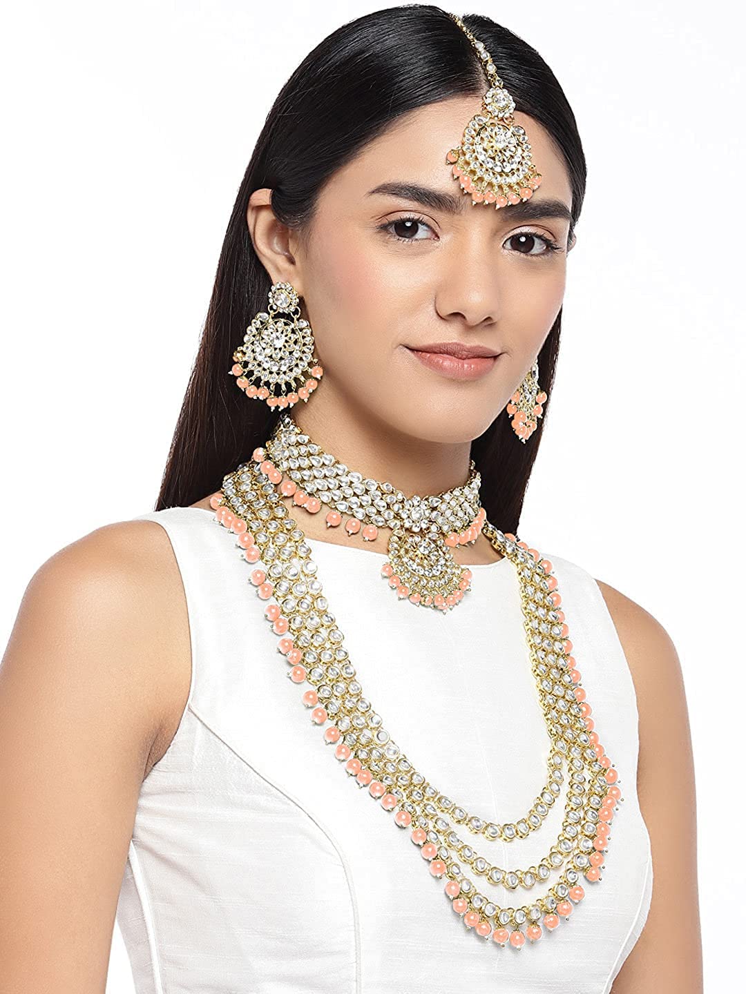 Royal Ethnic Traditional 18K Gold Plated Kundan & Pearl Studded Bridal Choker Necklace Set with Earrings & Maang Tikka - Royal Ethnic
