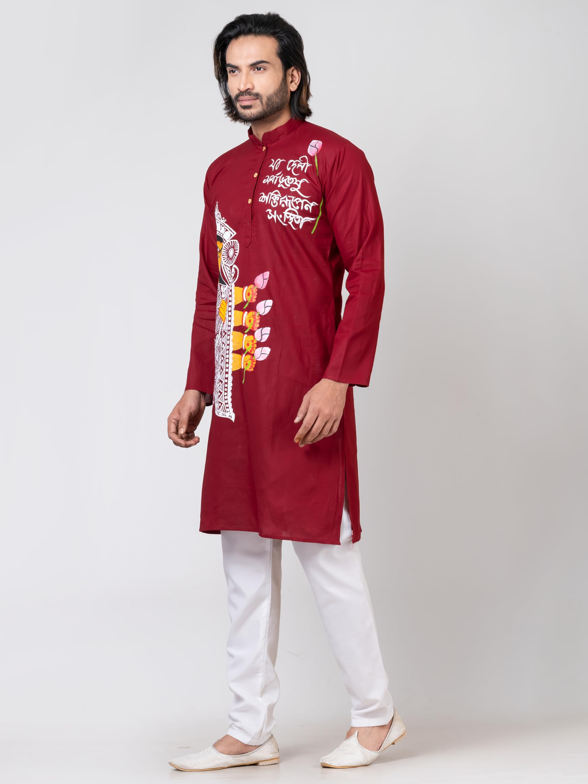 Royal Ethnic | Men's Maroon Cotton Kurta | Dussehra & Durga Puja Special | Full Sleeves | Traditional Fit | Festive Wear - Royal Ethnic