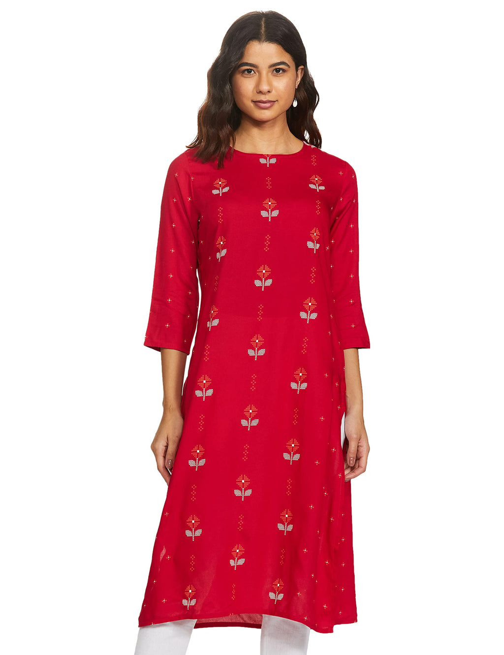 Max Women's Rayon Straight Fit Straight Printed Three-Quarter Sleeves Kurta