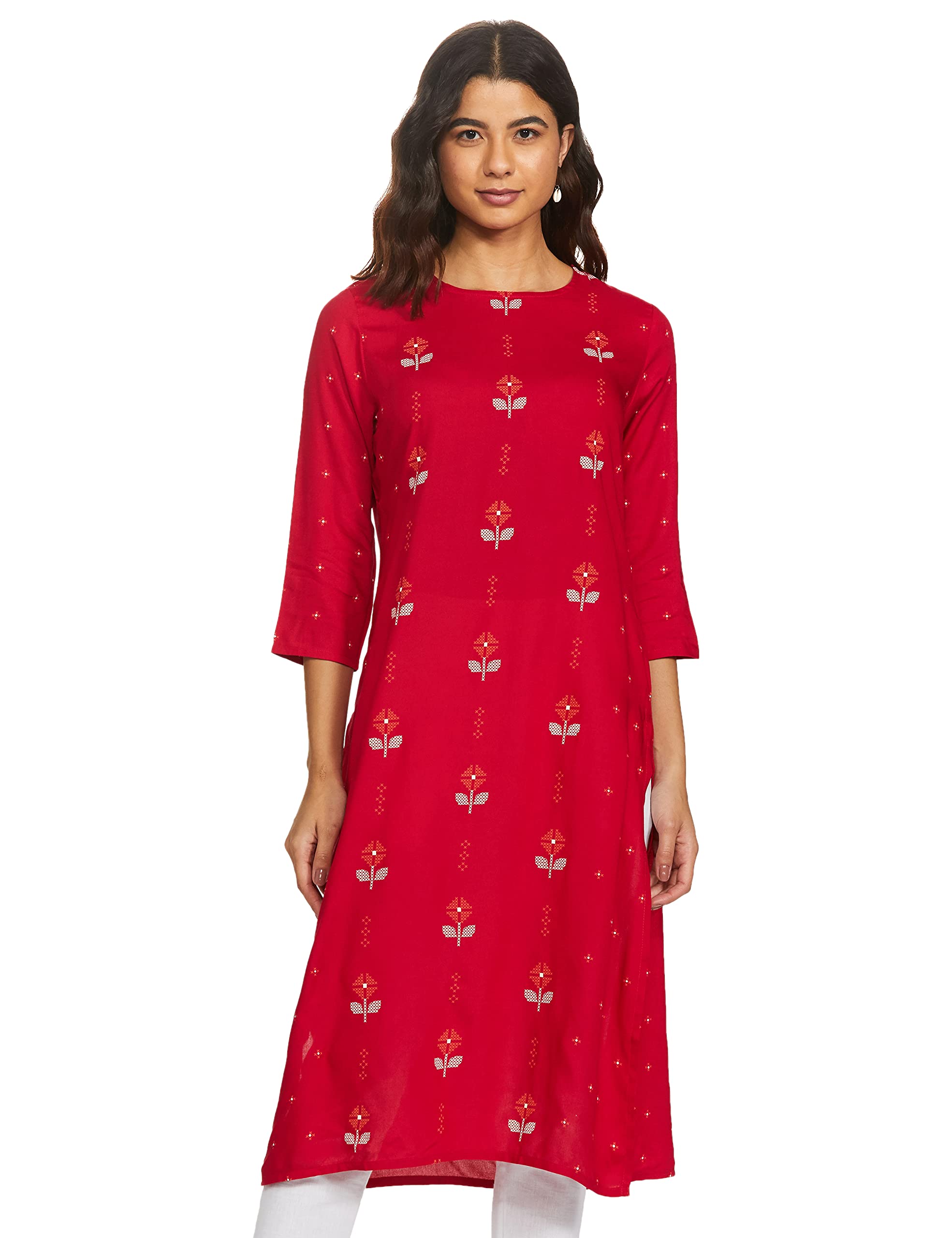 Max Women's Rayon Straight Fit Straight Printed Three-Quarter Sleeves Kurta