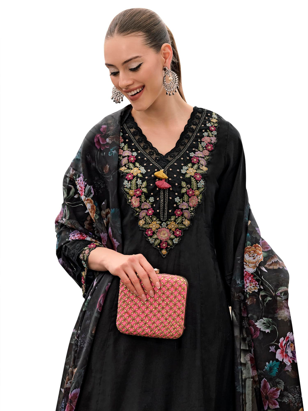 Royal Ethnic Womens Silk Blend Embroidered A Line Kurta Pant with Dupatta Set Stylish Festive Designer Party Wear Outfit