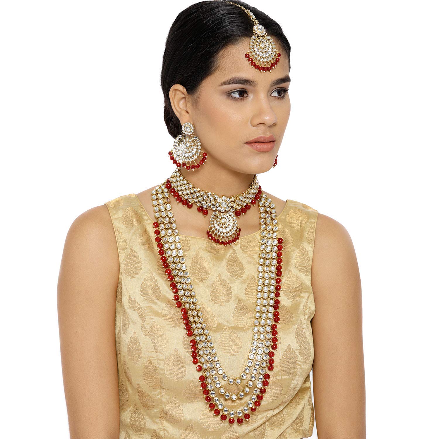 Royal Ethnic Traditional 18K Gold Plated Kundan & Pearl Studded Bridal Choker Necklace Set with Earrings & Maang Tikka - Royal Ethnic