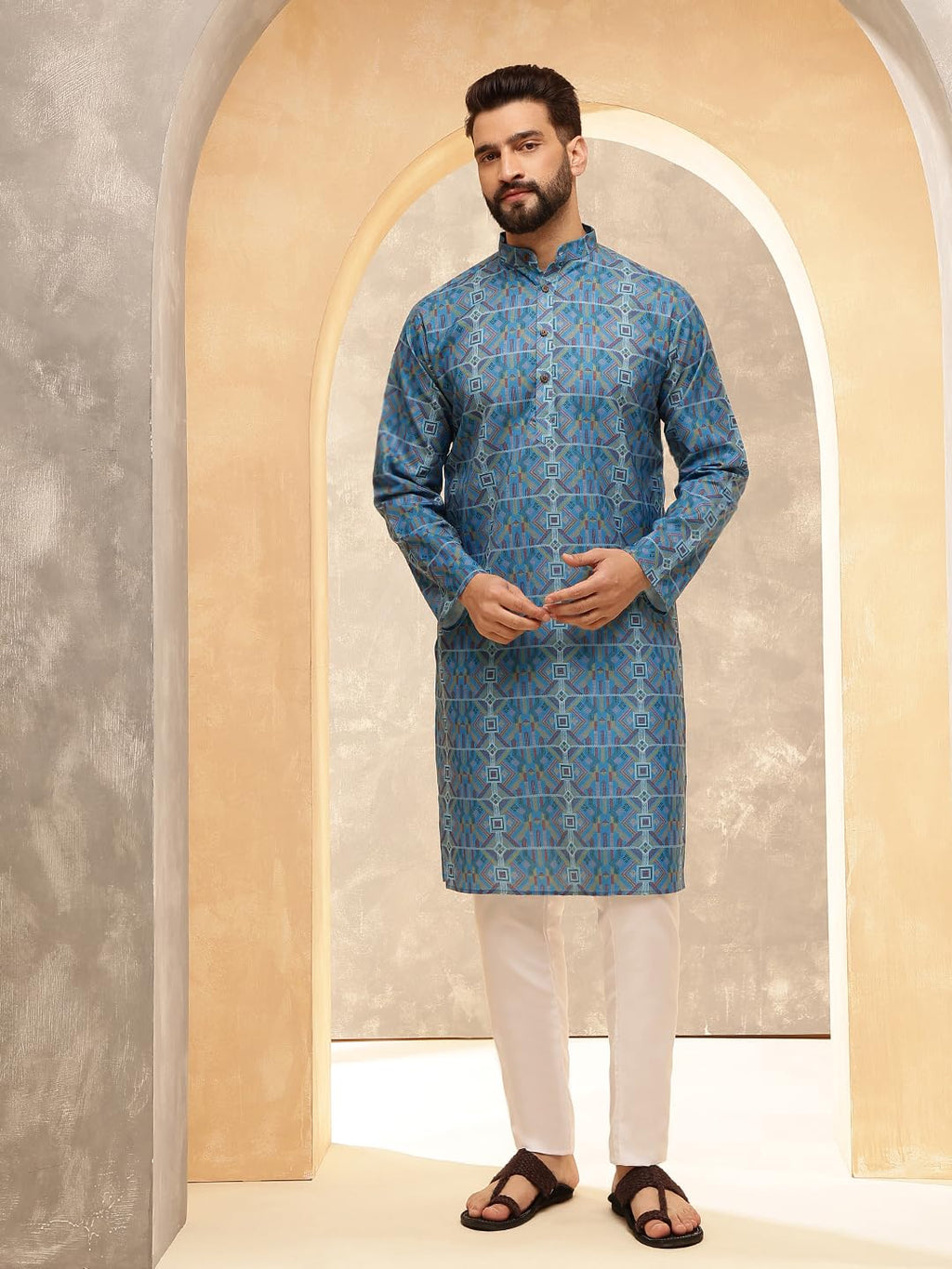 Royal Ethnic | Men's Silk Blend South Indian Shirt | Half Sleeves | Traditional Fit | Festive, Wedding & Casual Wear - Royal Ethnic