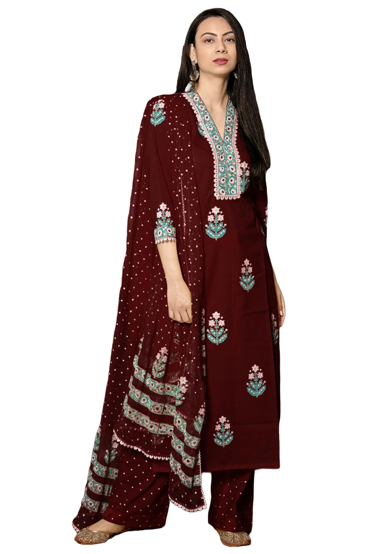 GoSriKi Women's Cotton Blend Straight Hand Block Printed Kurta with Pant & Dupatta