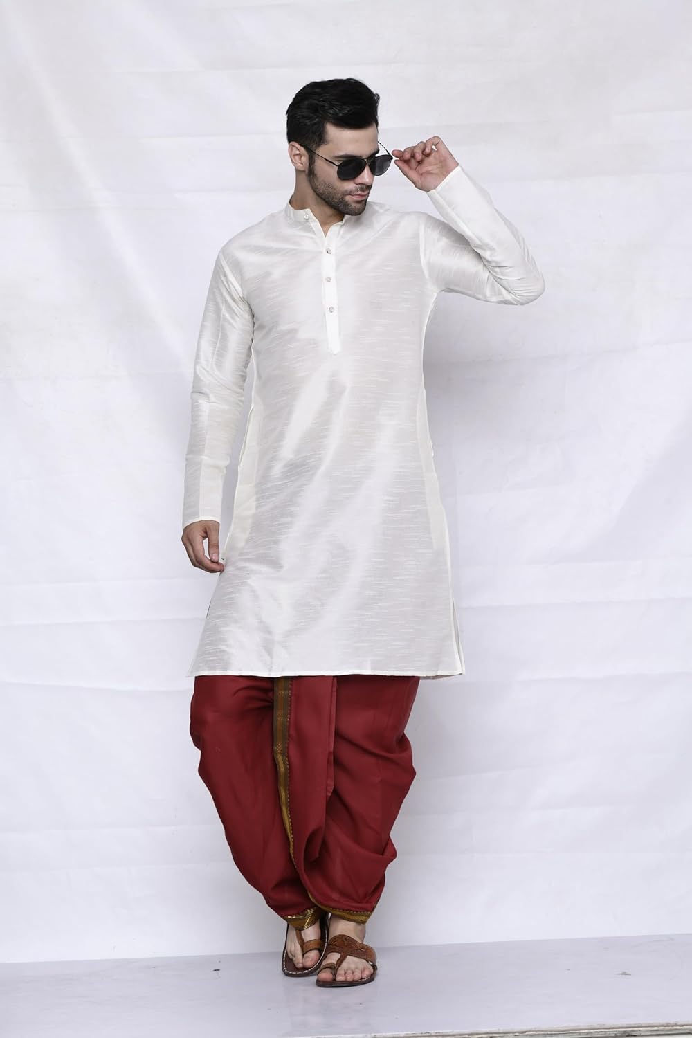 Royal Ethnic | Men's Cotton Silk Dhoti | Maroon Color | Readymade Elastic Fit | Free Size | Festive & Traditional Wear - Royal Ethnic