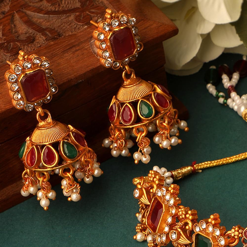 Royal Ethnic | Women's Pearl Choker Temple Necklace Set | 22k Gold Plated | Traditional Festive Wear | Wedding Style - Royal Ethnic