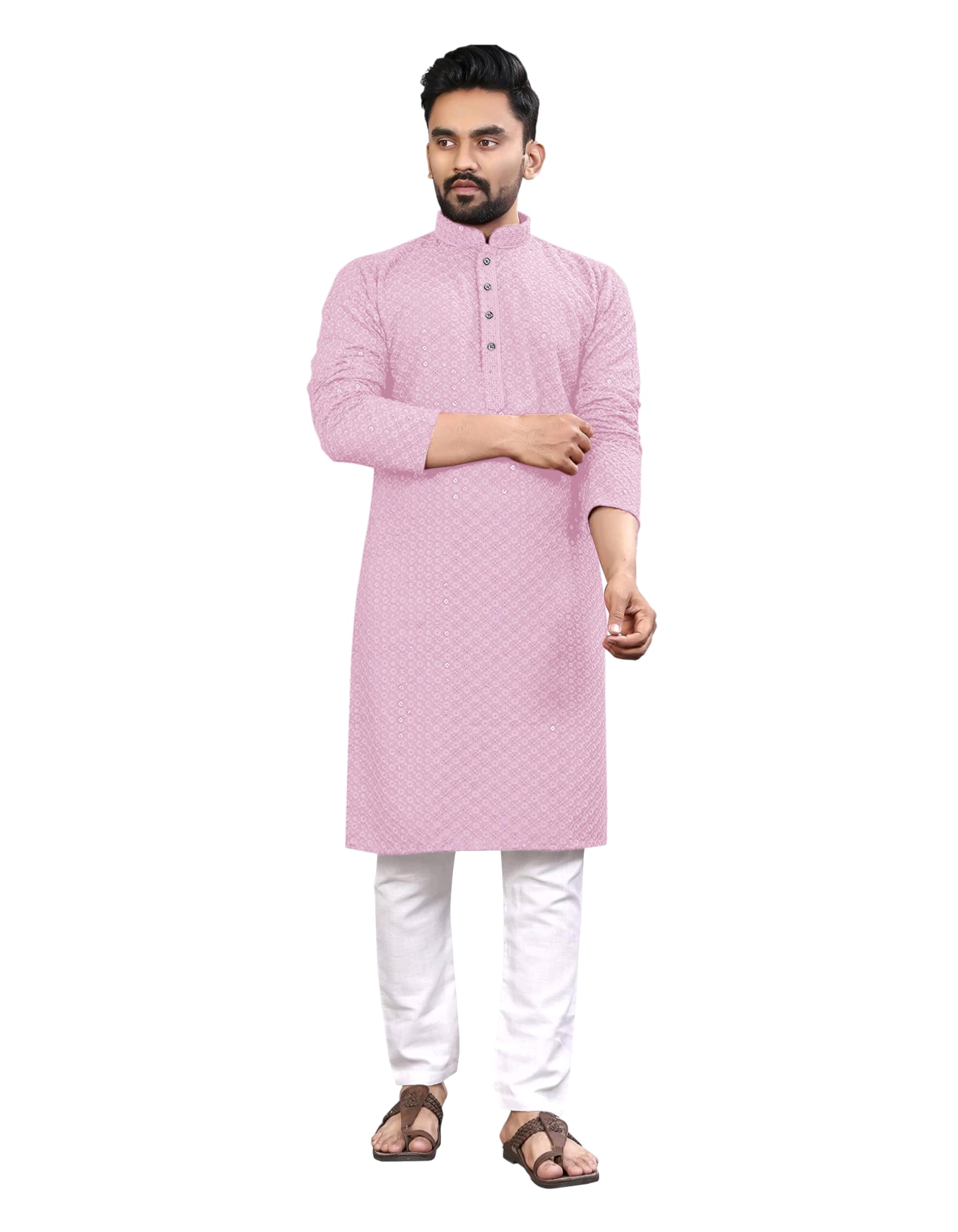 Royal Ethnic | Men's Straight Lucknowi Kurta | Indian Ethnic Wear | Embroidered Cotton | Full Sleeves | Regular Fit - Royal Ethnic