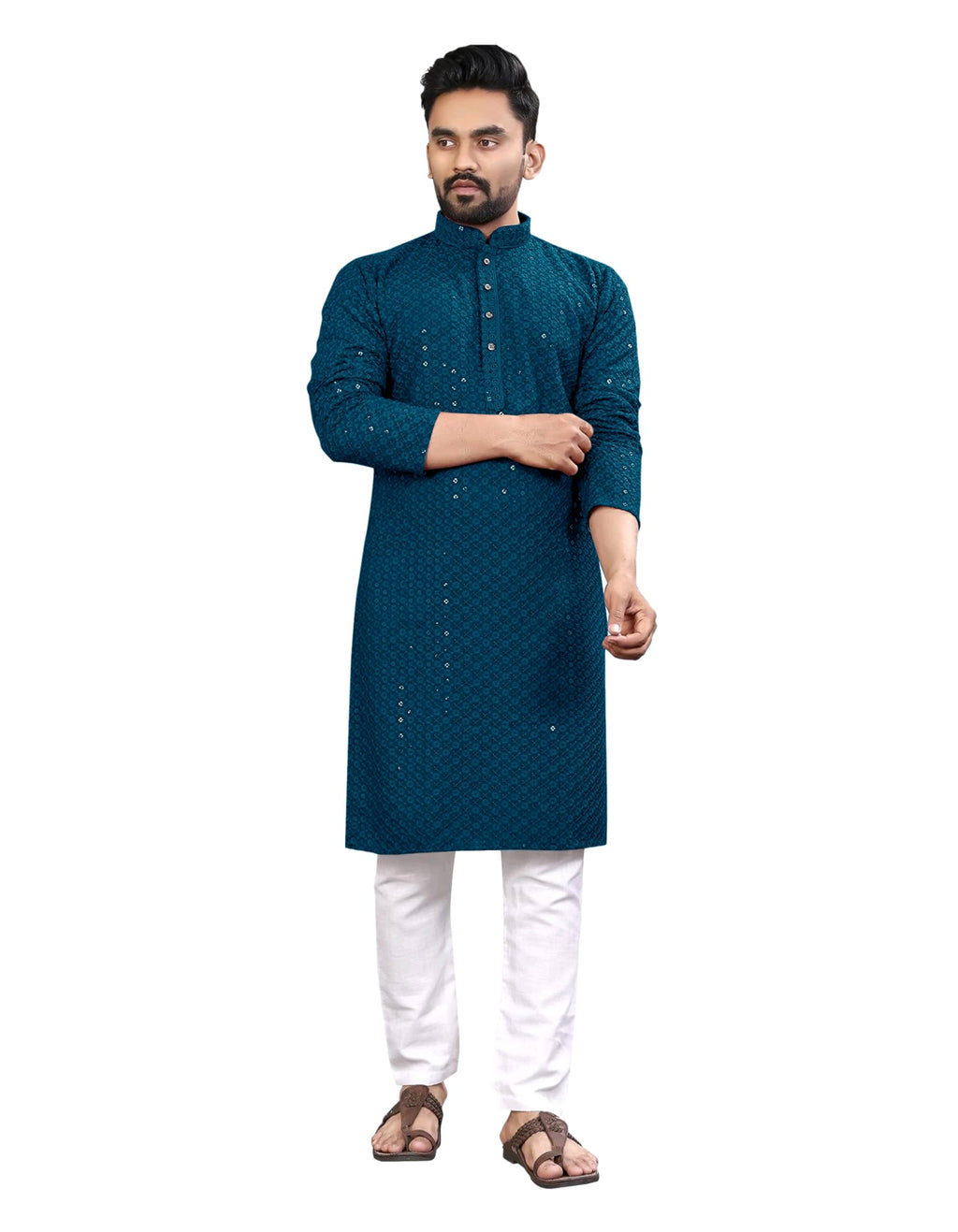 Royal Ethnic | Men's Straight Lucknowi Kurta | Indian Ethnic Wear | Embroidered Cotton | Full Sleeves | Regular Fit - Royal Ethnic