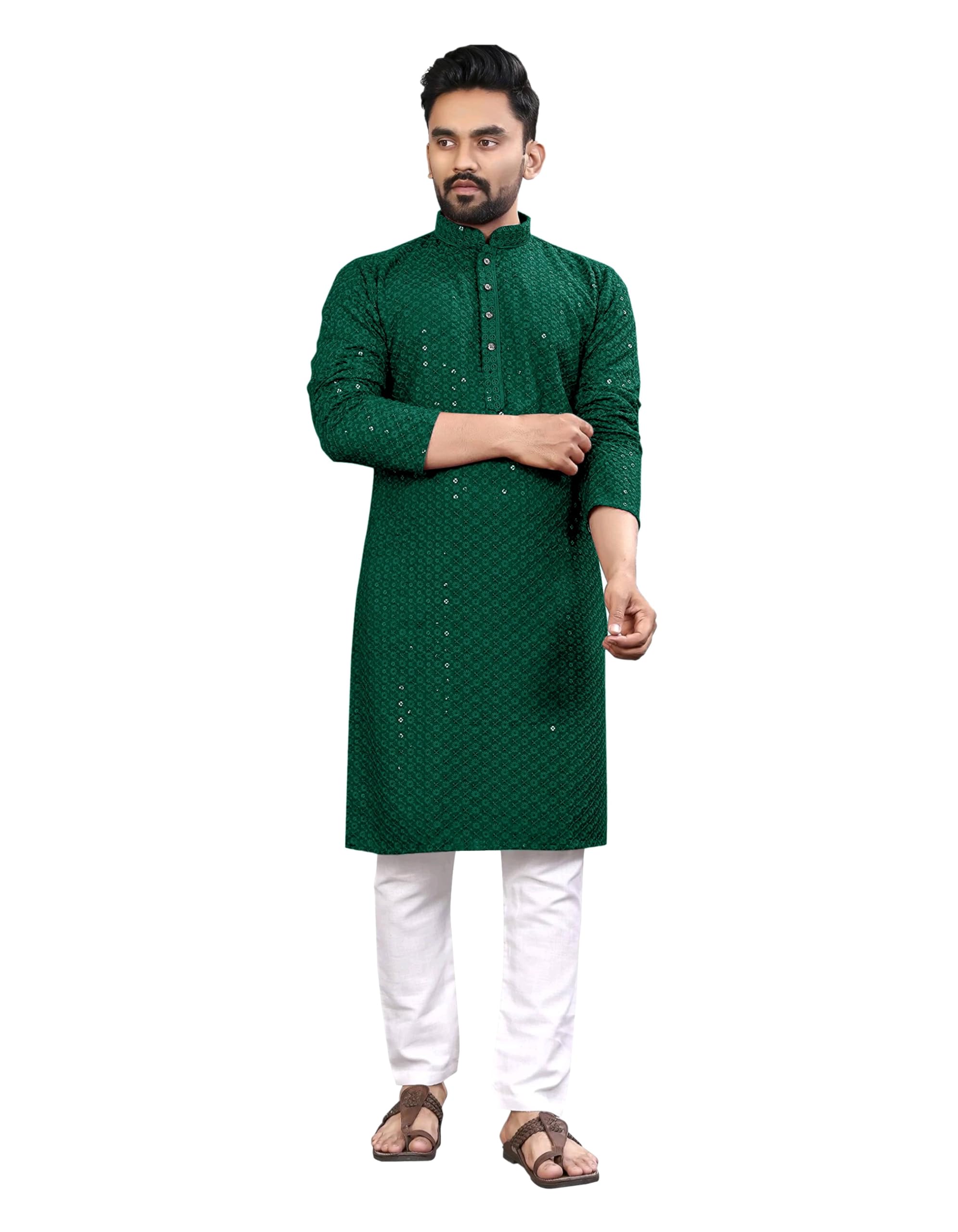 Royal Ethnic | Men's Straight Lucknowi Kurta | Indian Ethnic Wear | Embroidered Cotton | Full Sleeves | Regular Fit - Royal Ethnic